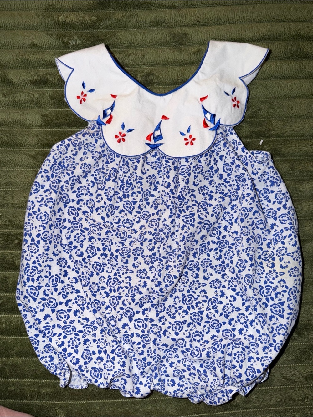 Vintage Tiny Tots Bubble Romper Size 18 Blue Floral Sailboat Collar Patriotic